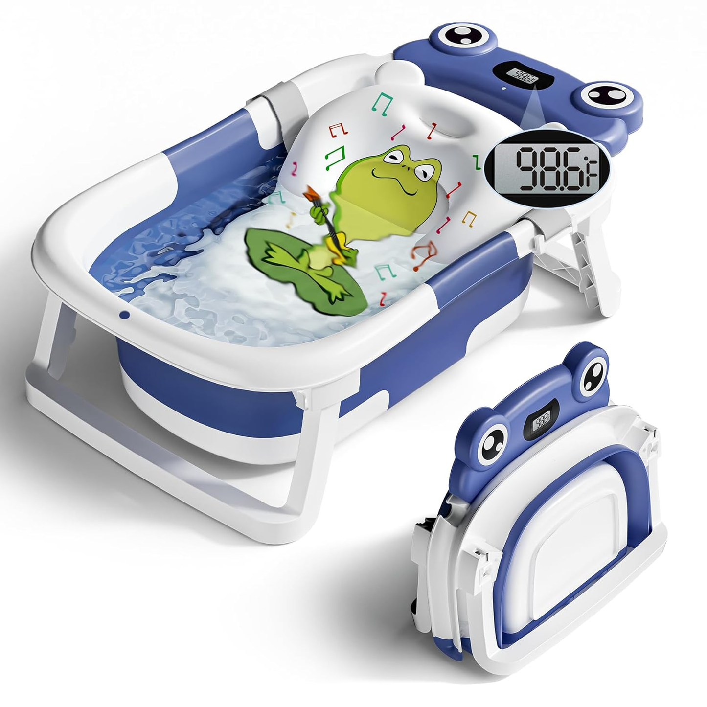COOSEYA Collapsible Baby Bathtub with Cushion & Thermometer, Portable Bathing Tub for Newborn to Toddler (Frog/Navy Blue)