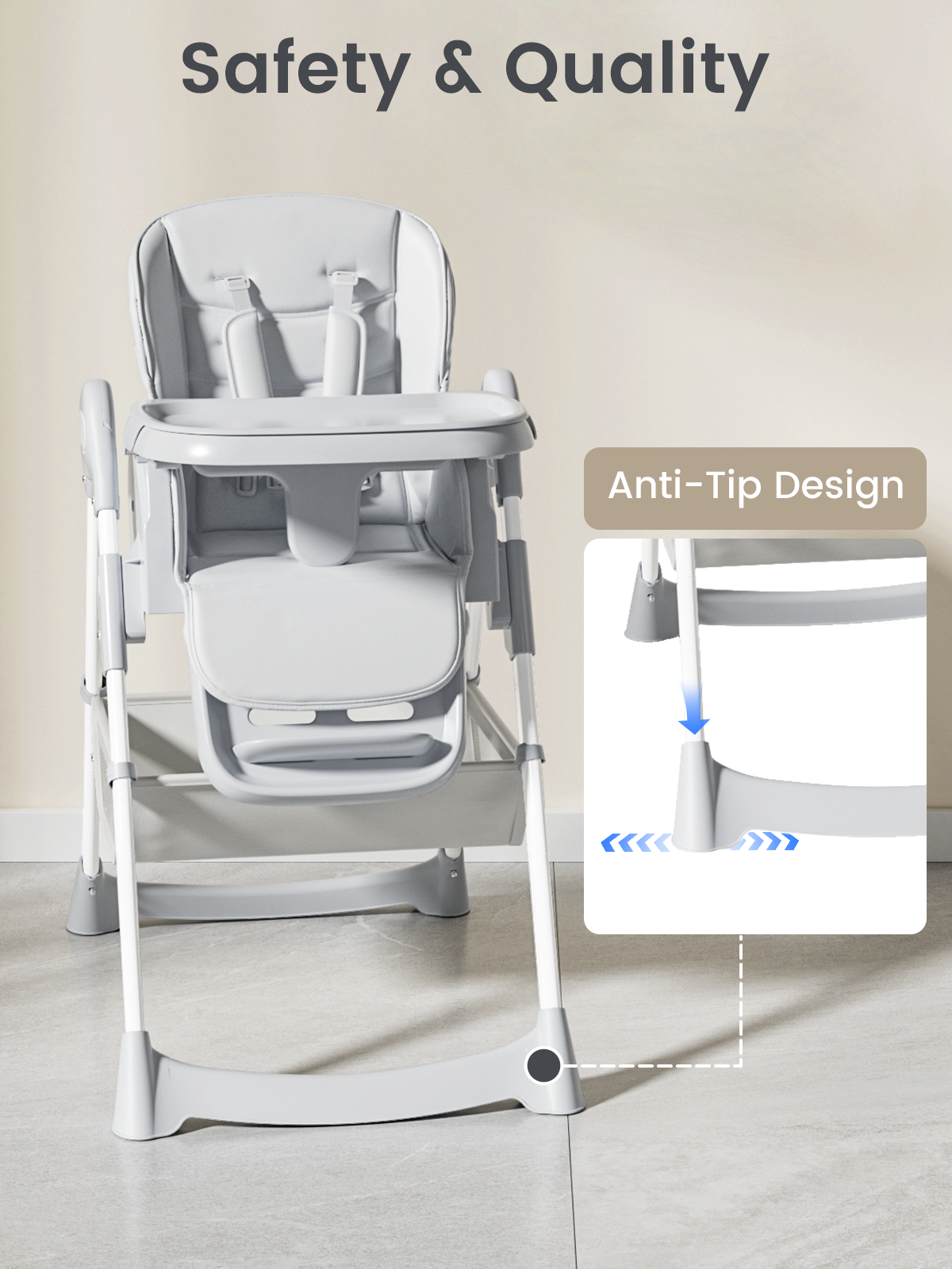 COOSEYA High Chair for Babies and Toddlers, Baby High Chair with Removable Tray, Adjustable Backrest, Footrest Height Settings, Space-Saving Design, Foldable(Gray)