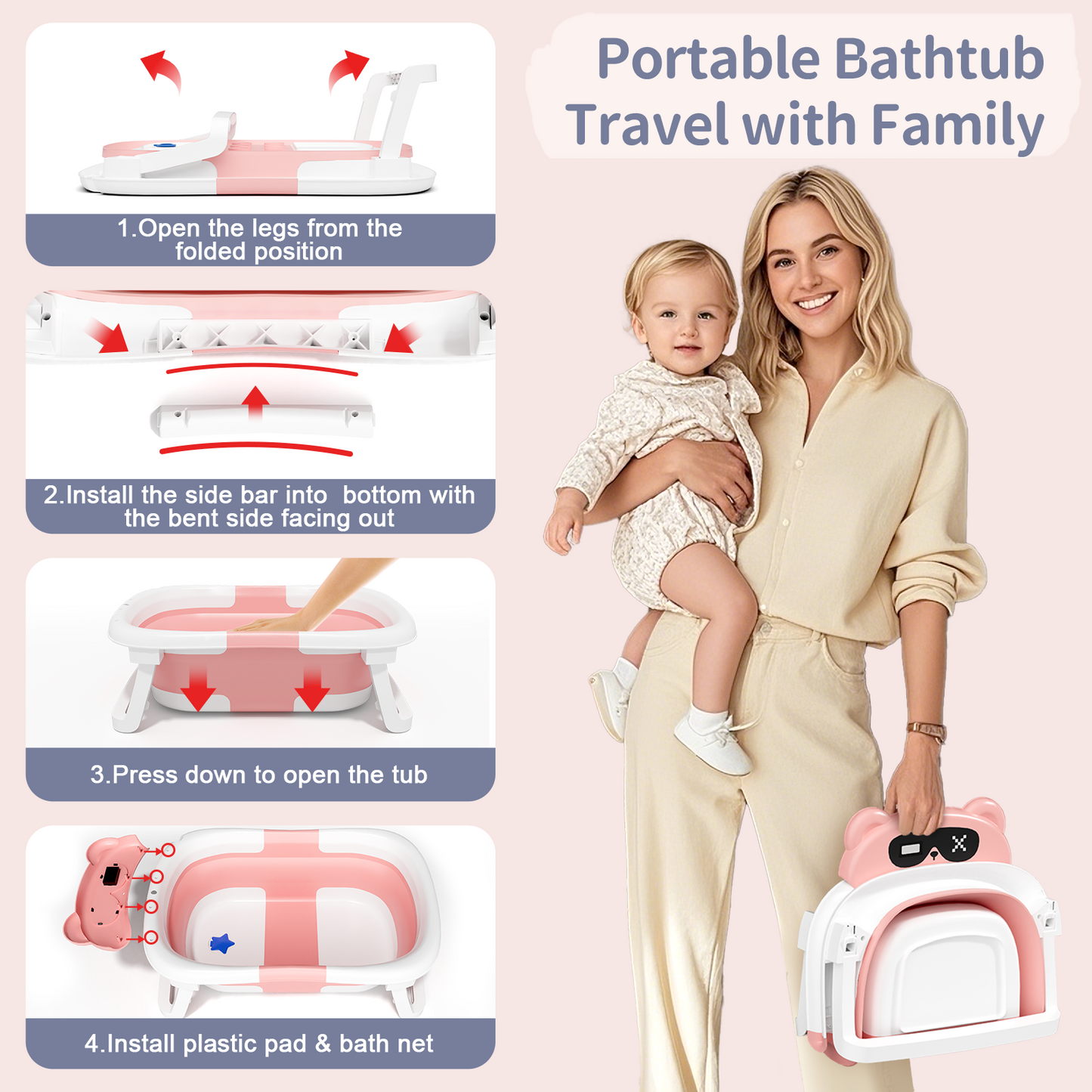 COOSEYA Bear Collapsible Baby Bathtub for Infants, Bath Tub with Cushion and Thermometer, for Newborn to Toddler Portable Travel Multifunctional Bathing 0-2 years (Pink)
