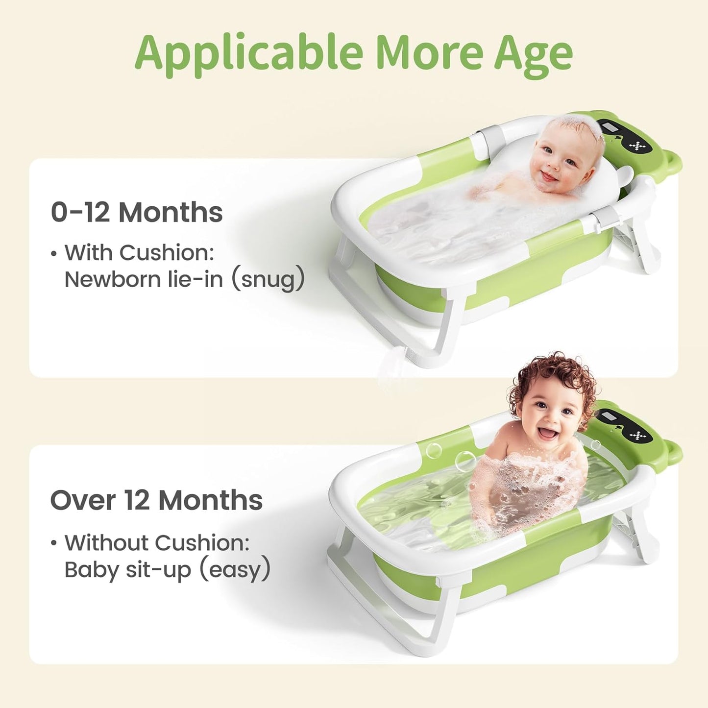 Collapsible Baby Bathtub for Infants, Bath Tub with Cushion and Thermometer, for Newborn to Toddler Portable Travel Multifunctional Bathing 0-2 years (Bear/Green)