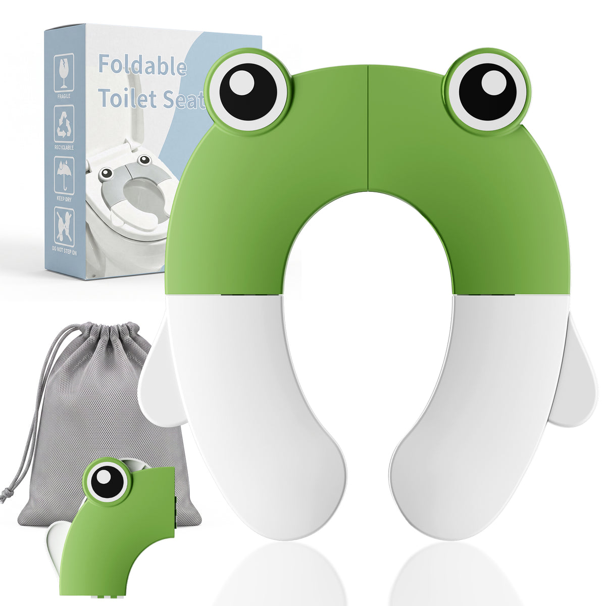 COOSEYA Foldable Travel Potty Training Toilet Seat for Baby,Fits Round and Oval Toilets with Storage Bag, Non-Slip Base(Frog/Green)