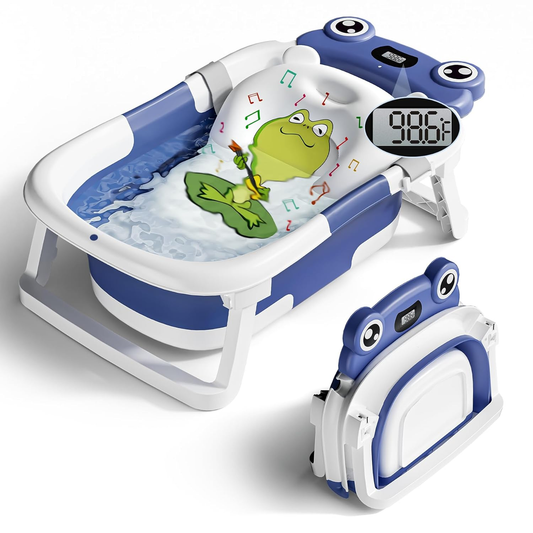 COOSEYA Collapsible Baby Bathtub with Cushion & Thermometer, Portable Bathing Tub for Newborn to Toddler (Frog/Navy Blue)