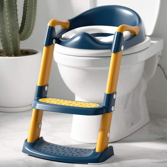 COOSEYA potty training seat, upgrade toddler toilet seat with triangle base structure for kids boys girls, 2 in 1 bathroom potty training, waterproof cushioned mat with anti-slip pad (Blue&Yellow)