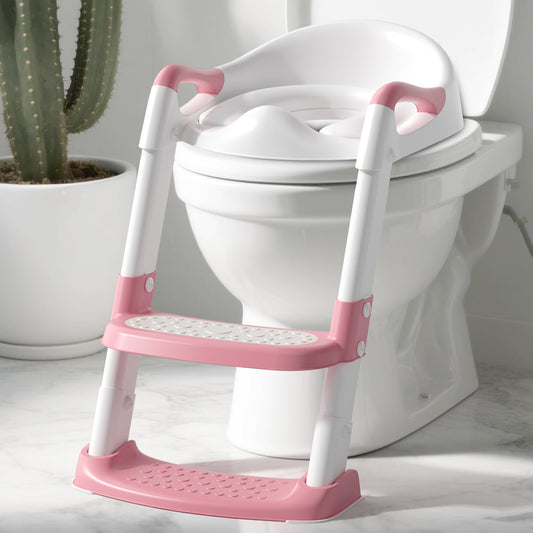 COOSEYA potty training seat, upgrade toddler toilet seat with triangle base structure for kids boys girls, 2 in 1 bathroom potty training, waterproof cushioned mat with anti-slip pad (Pink)