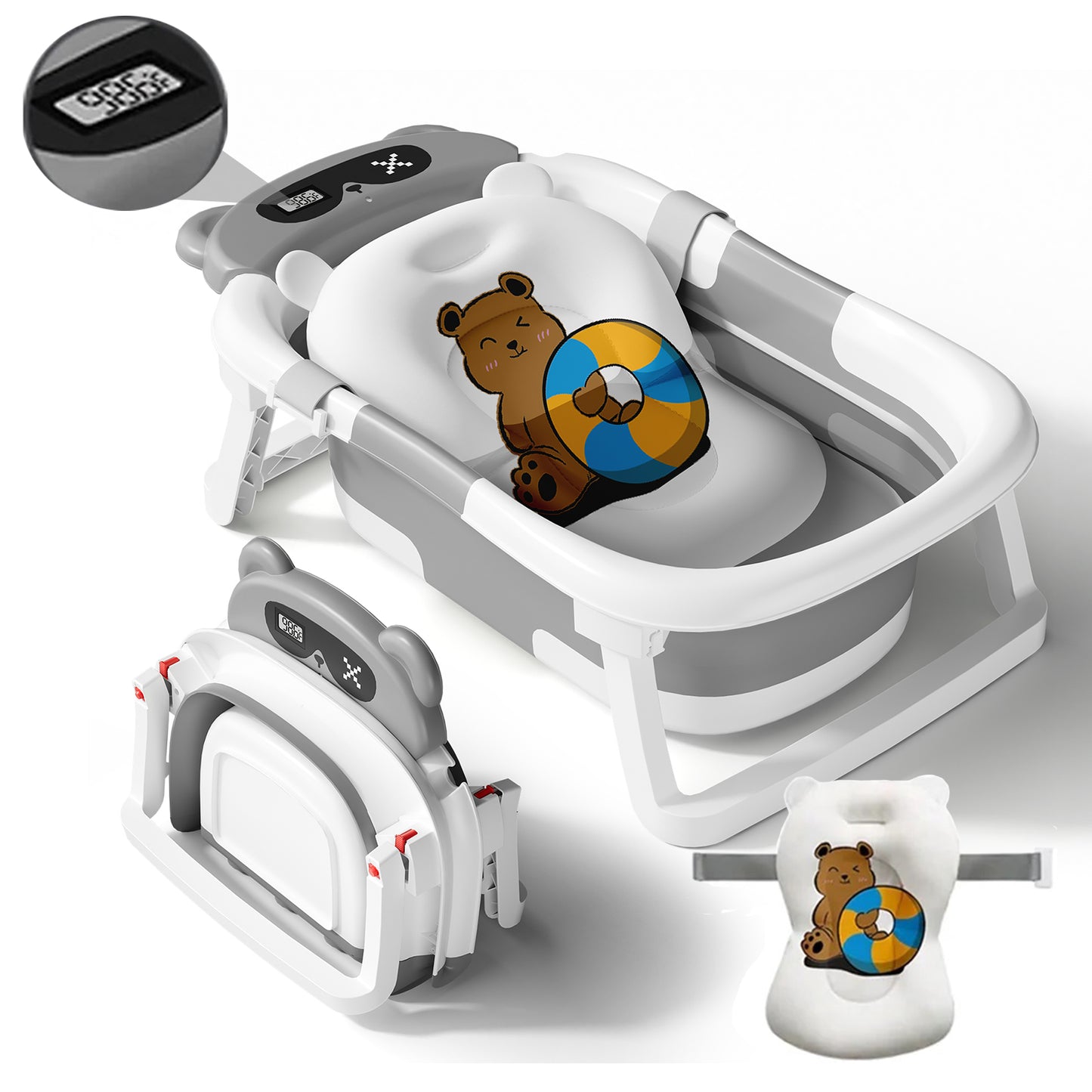 Collapsible Baby Bathtub for Infants, Bath Tub with Cushion and Thermometer, for Newborn to Toddler Portable Travel Multifunctional Bathing 0-2 years (Bear/Gray)