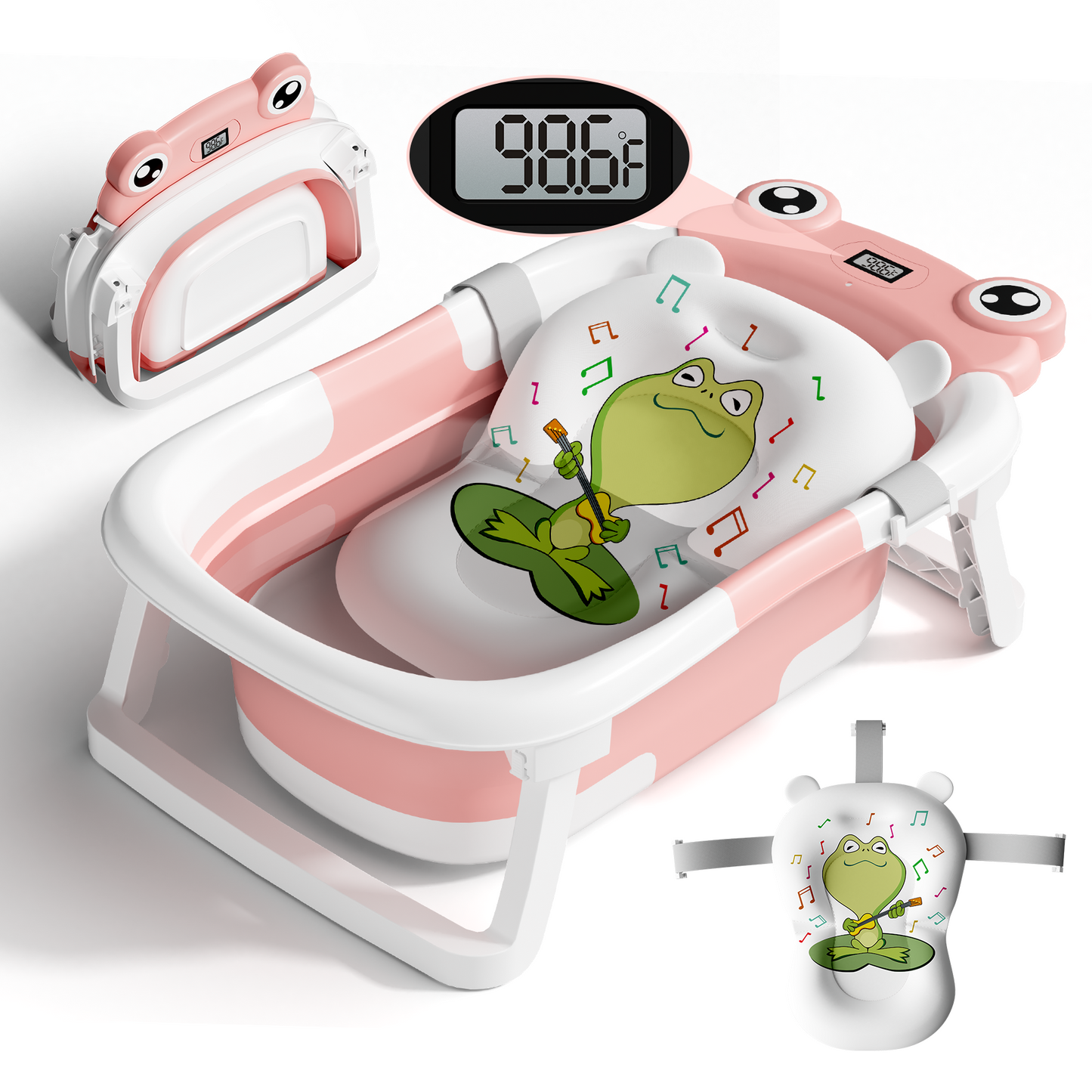 Collapsible Baby Bathtub for Infants, Bath Tub with Cushion and Thermometer, for Newborn to Toddler Portable Travel Multifunctional Bathing 0-2 years (Frog/Pink)