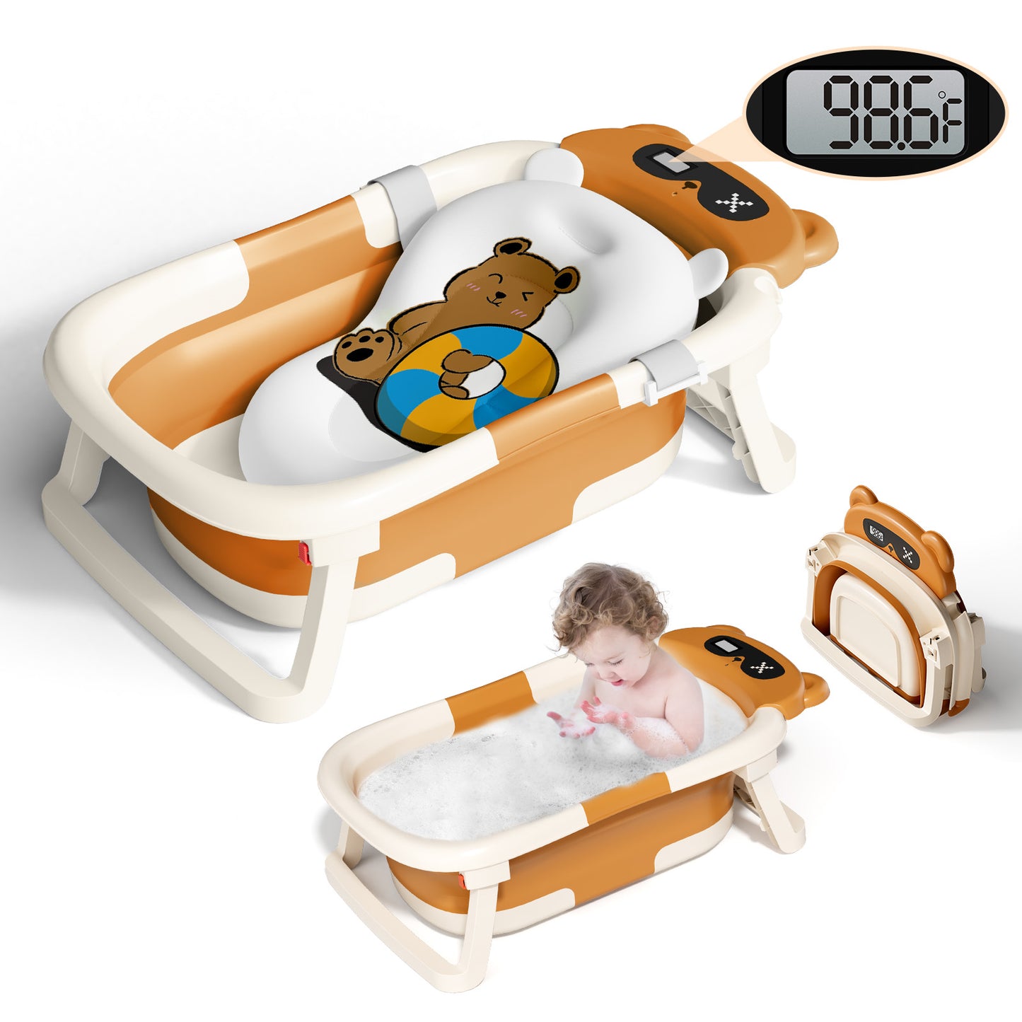 Collapsible Baby Bathtub for Infants, Bath Tub with Cushion and Thermometer, for Newborn to Toddler Portable Travel Multifunctional Bathing 0-2 years (Bear/Brown)