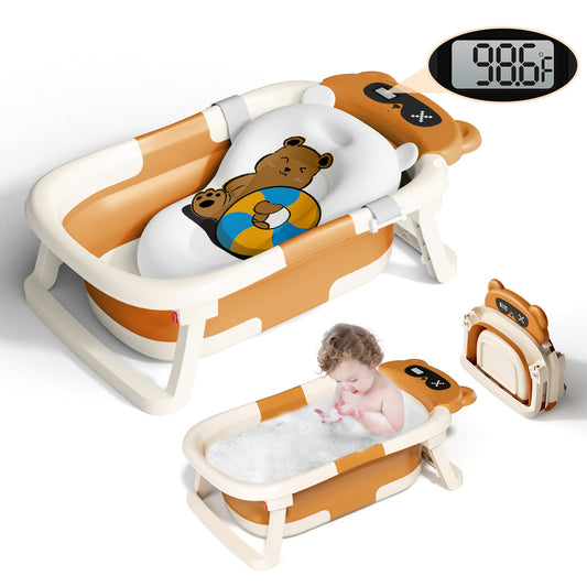 Collapsible Baby Bathtub for Infants, Bath Tub with Cushion and Thermometer, for Newborn to Toddler Portable Travel Multifunctional Bathing 0-2 years (Bear/Brown)