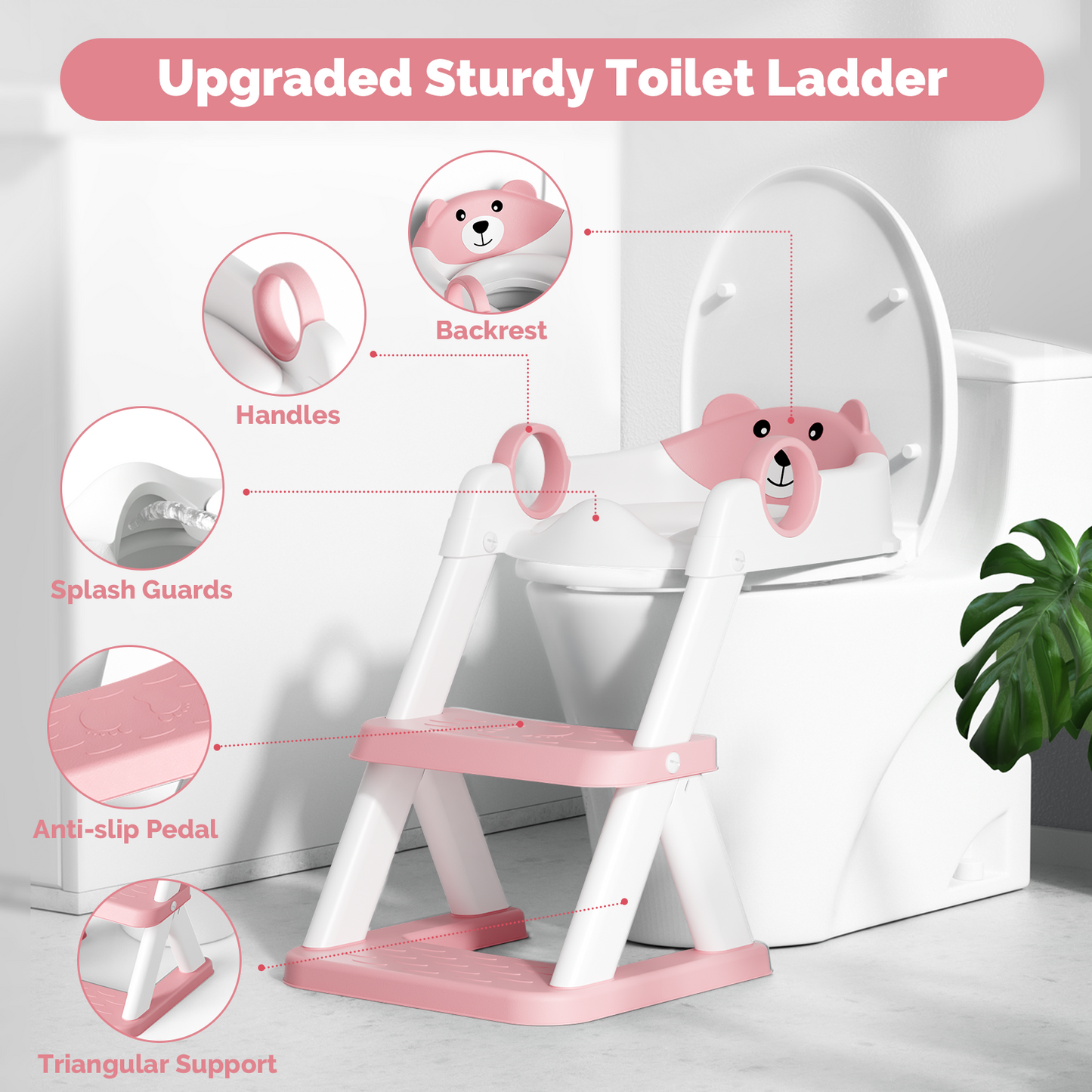Bear Potty Training Seat, Upgrade Toddler Toilet Seat with Triangle Base Structure for Kids Boys Girls, 2 In 1 Bathroom Potty Training, Waterproof Cushioned Mat with Anti-Slip Pad (Pink)