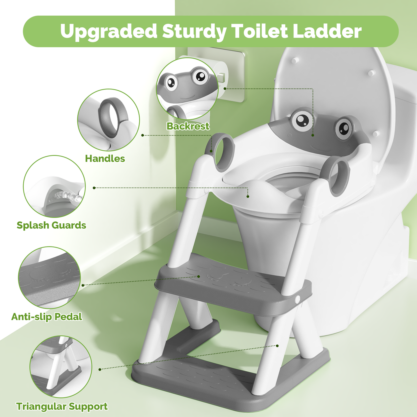 Frog Potty Training Seat, Toddler Toilet Seat with Triangle Base Structure, Waterproof Cushioned Mat with Anti-Slip Pad (Grey)