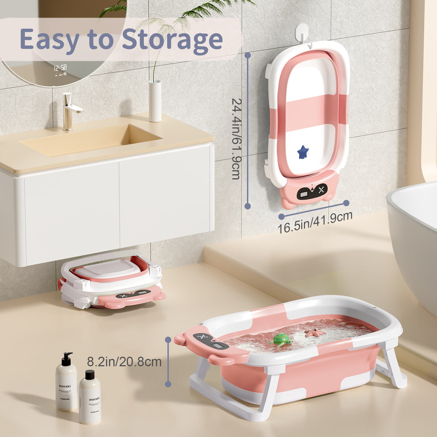 COOSEYA Bear Collapsible Baby Bathtub for Infants, Bath Tub with Cushion and Thermometer, for Newborn to Toddler Portable Travel Multifunctional Bathing 0-2 years (Pink)