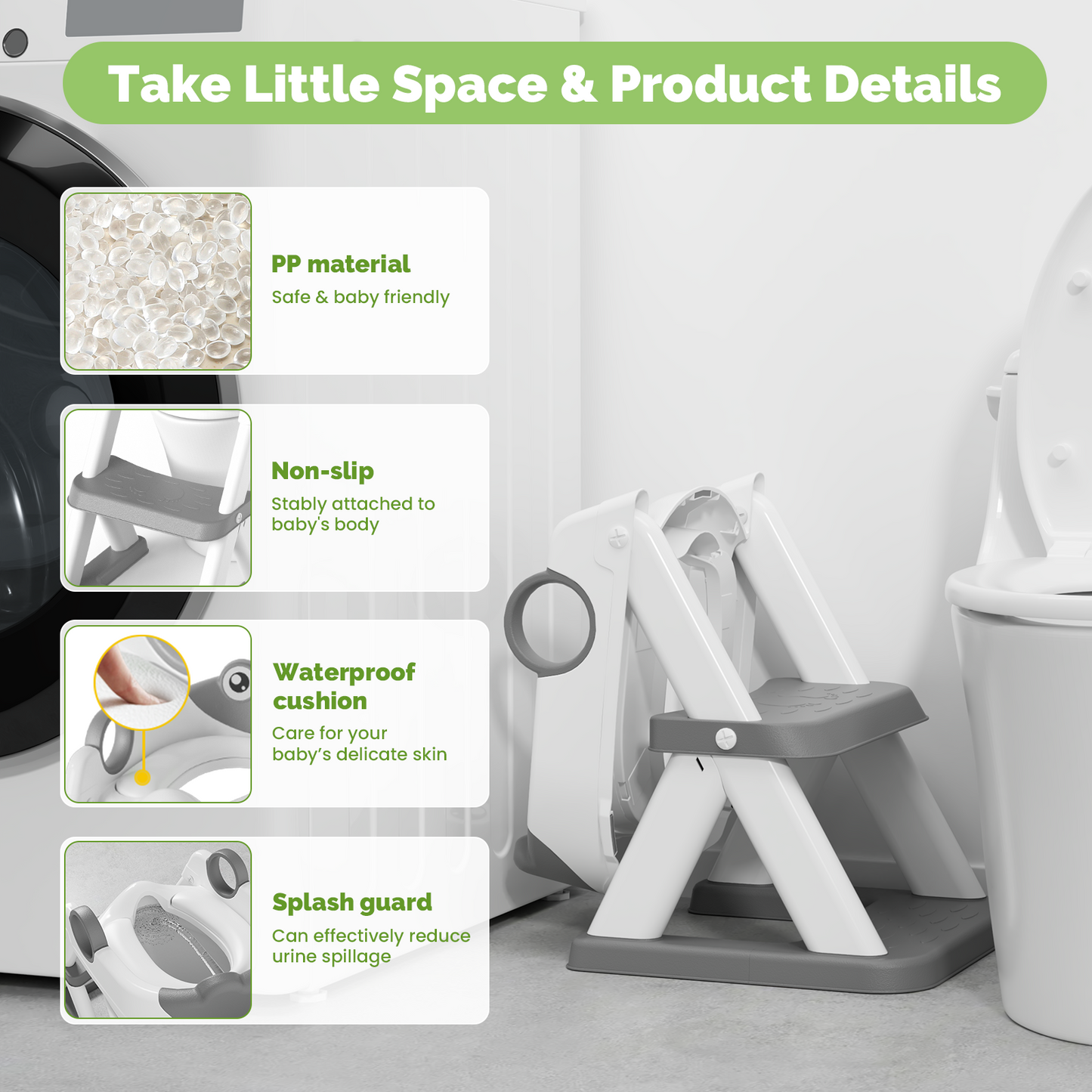 Frog Potty Training Seat, Toddler Toilet Seat with Triangle Base Structure, Waterproof Cushioned Mat with Anti-Slip Pad (Grey)