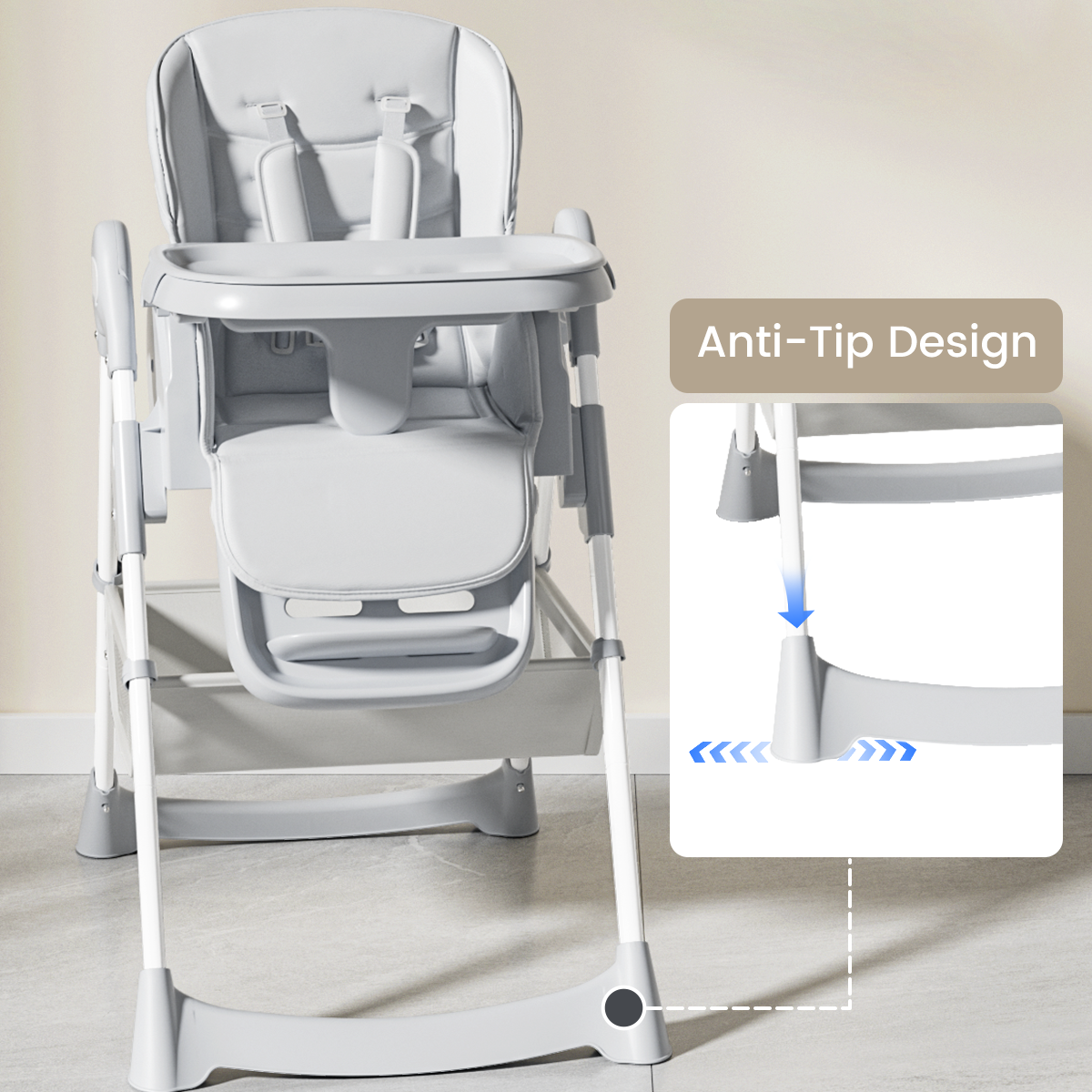 COOSEYA High Chair for Babies and Toddlers, Baby High Chair with Removable Tray, Adjustable Backrest, Footrest Height Settings, Space-Saving Design, Foldable（Gray）