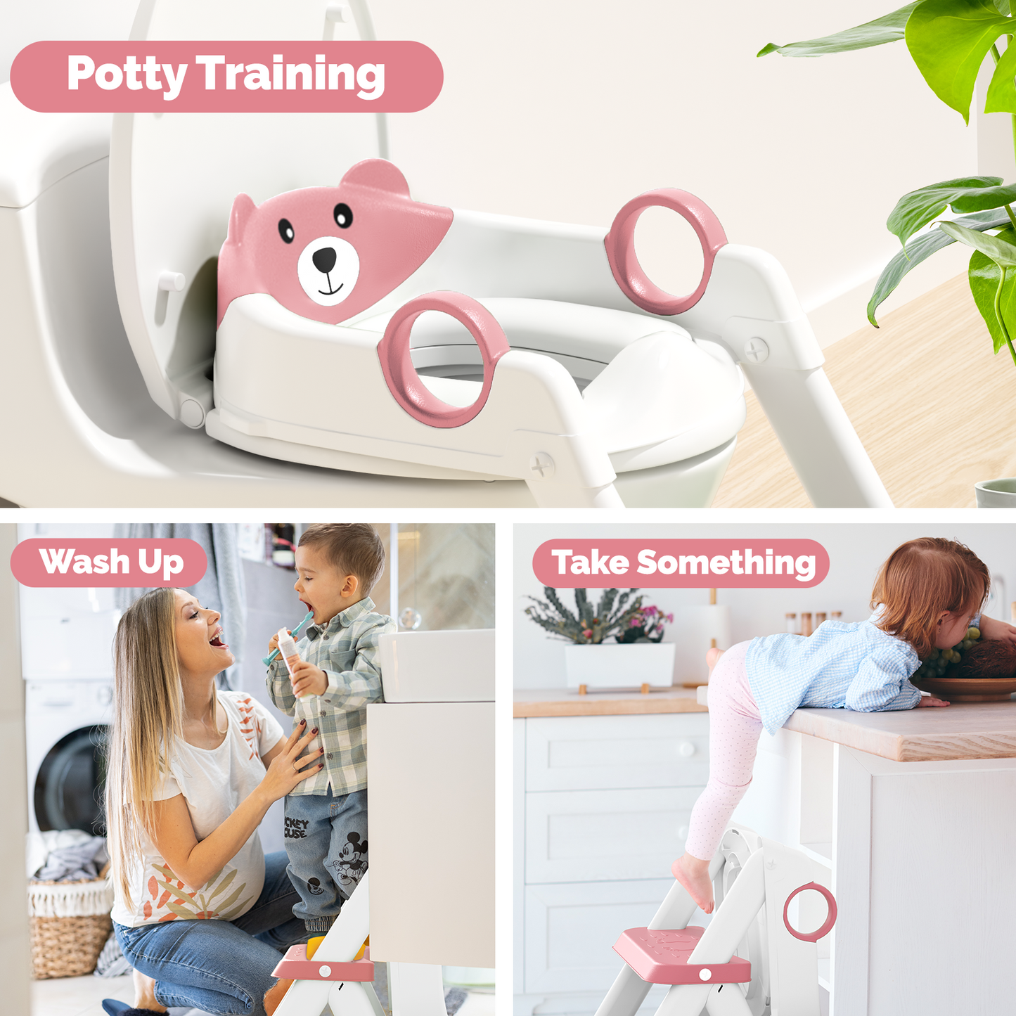 Bear Potty Training Seat, Upgrade Toddler Toilet Seat with Triangle Base Structure for Kids Boys Girls, 2 In 1 Bathroom Potty Training, Waterproof Cushioned Mat with Anti-Slip Pad (Pink)
