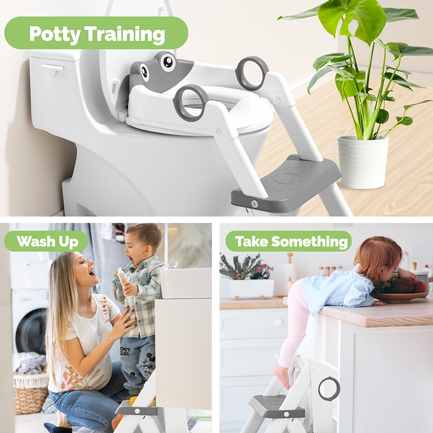 Frog Potty Training Seat, Toddler Toilet Seat with Triangle Base Structure, Waterproof Cushioned Mat with Anti-Slip Pad (Grey)
