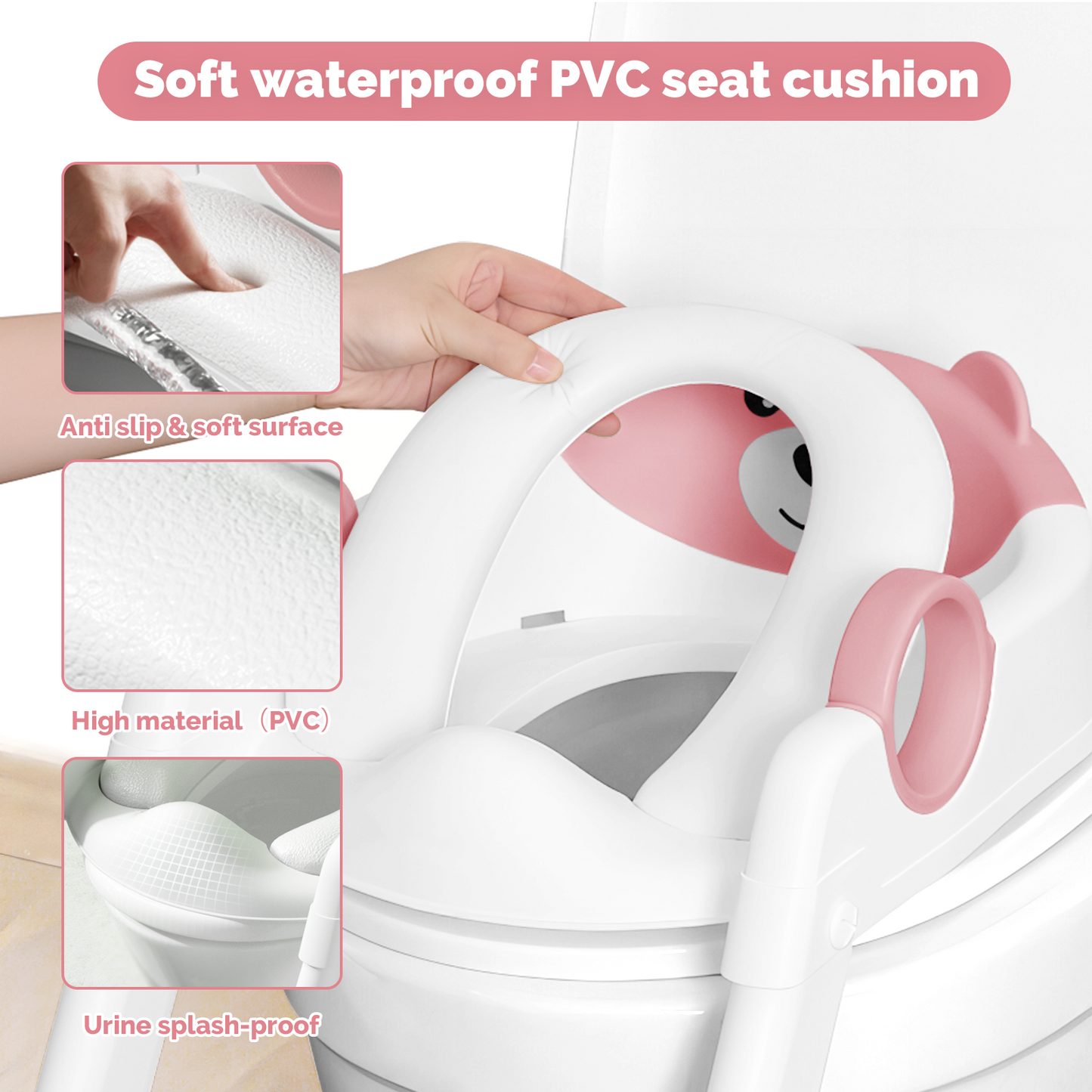 Bear Potty Training Seat, Upgrade Toddler Toilet Seat with Triangle Base Structure for Kids Boys Girls, 2 In 1 Bathroom Potty Training, Waterproof Cushioned Mat with Anti-Slip Pad (Pink)