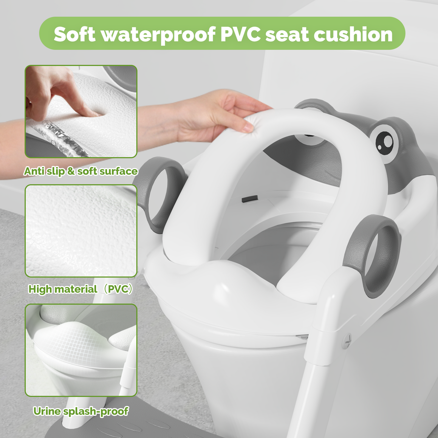 Frog Potty Training Seat, Toddler Toilet Seat with Triangle Base Structure, Waterproof Cushioned Mat with Anti-Slip Pad (Grey)