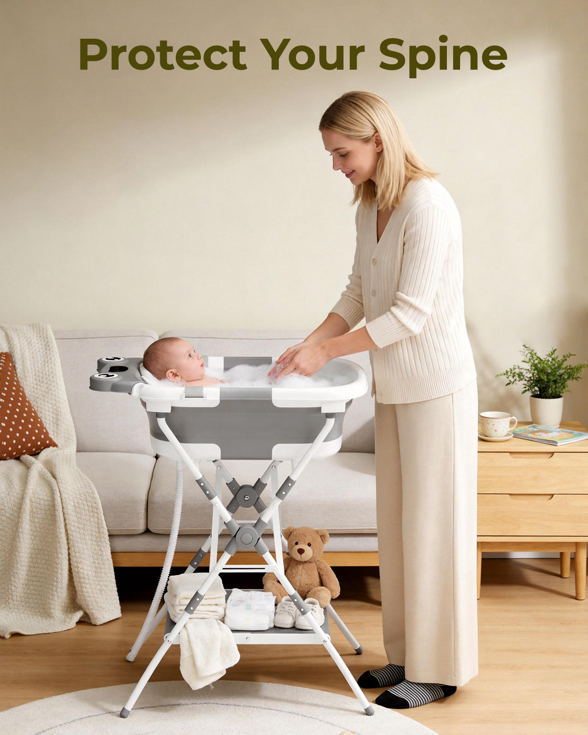 COOSEYA 3 in 1 Foldable Baby Bath with Stand, Baby Bath Tub for Newborn to Toddler with Support Soft Cushion, Foldable Design for Travel and Outdoor, Baby Shower Gifts, 0-18Months, Frog Grey