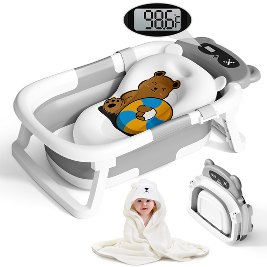 COOSEYA Bear Collapsible Baby Bathtub for Infants, Bath Tub with Cushion and Thermometer, for Newborn to Toddler Portable Travel Multifunctional Bathing 0-2 years (Gray)