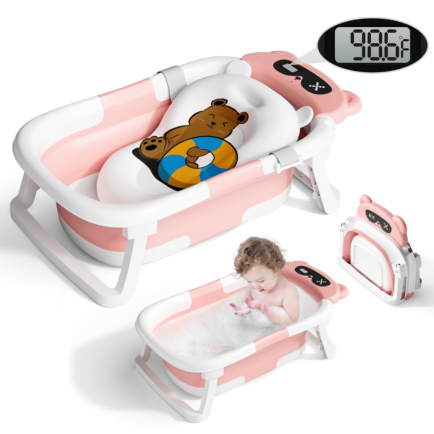 Collapsible Baby Bathtub for Infants, Bath Tub with Cushion and Thermometer, for Newborn to Toddler Portable Travel Multifunctional Bathing 0-2 years (Bear/Pink)