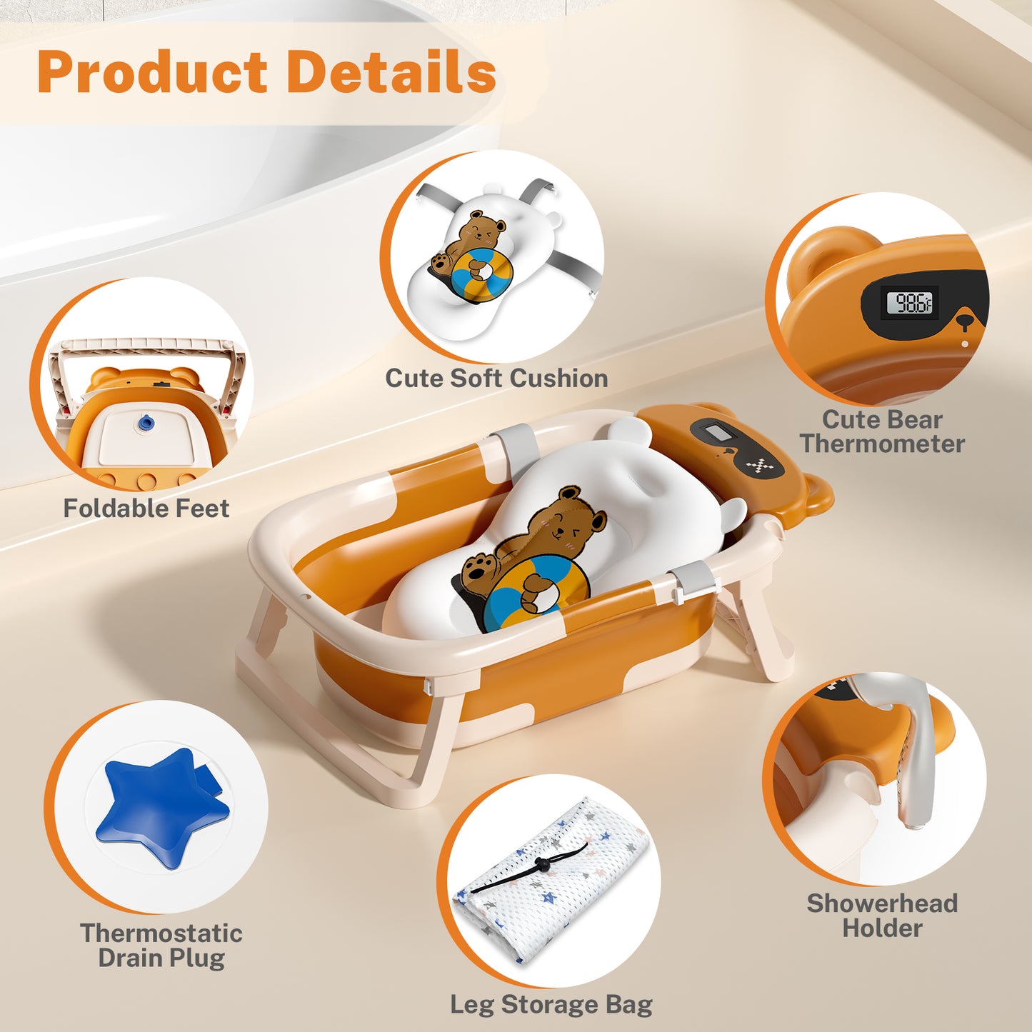 Collapsible Baby Bathtub for Infants, Bath Tub with Cushion and Thermometer, for Newborn to Toddler Portable Travel Multifunctional Bathing 0-2 years (Bear/Brown)