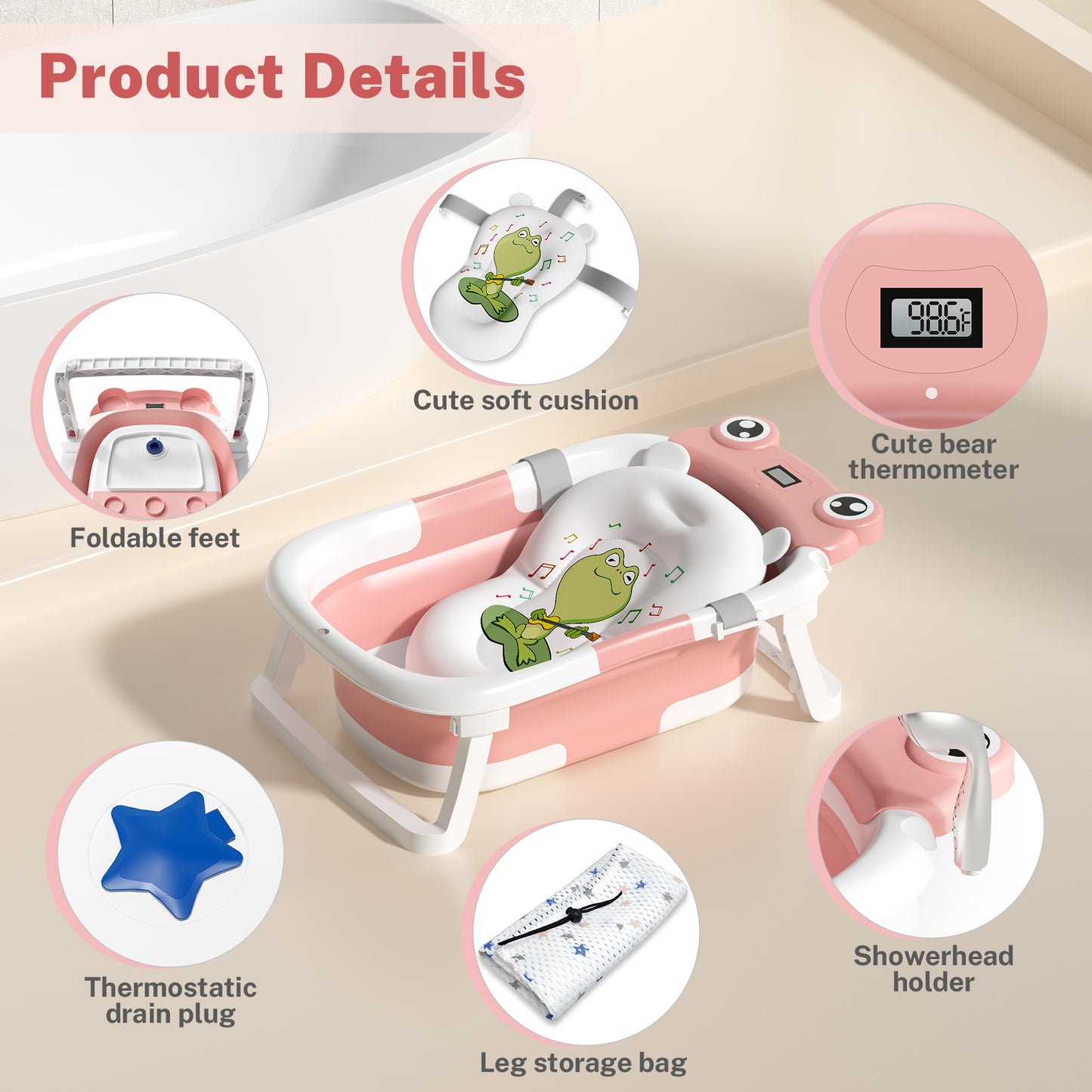 Collapsible Baby Bathtub for Infants, Bath Tub with Cushion and Thermometer, for Newborn to Toddler Portable Travel Multifunctional Bathing 0-2 years (Frog/Pink)