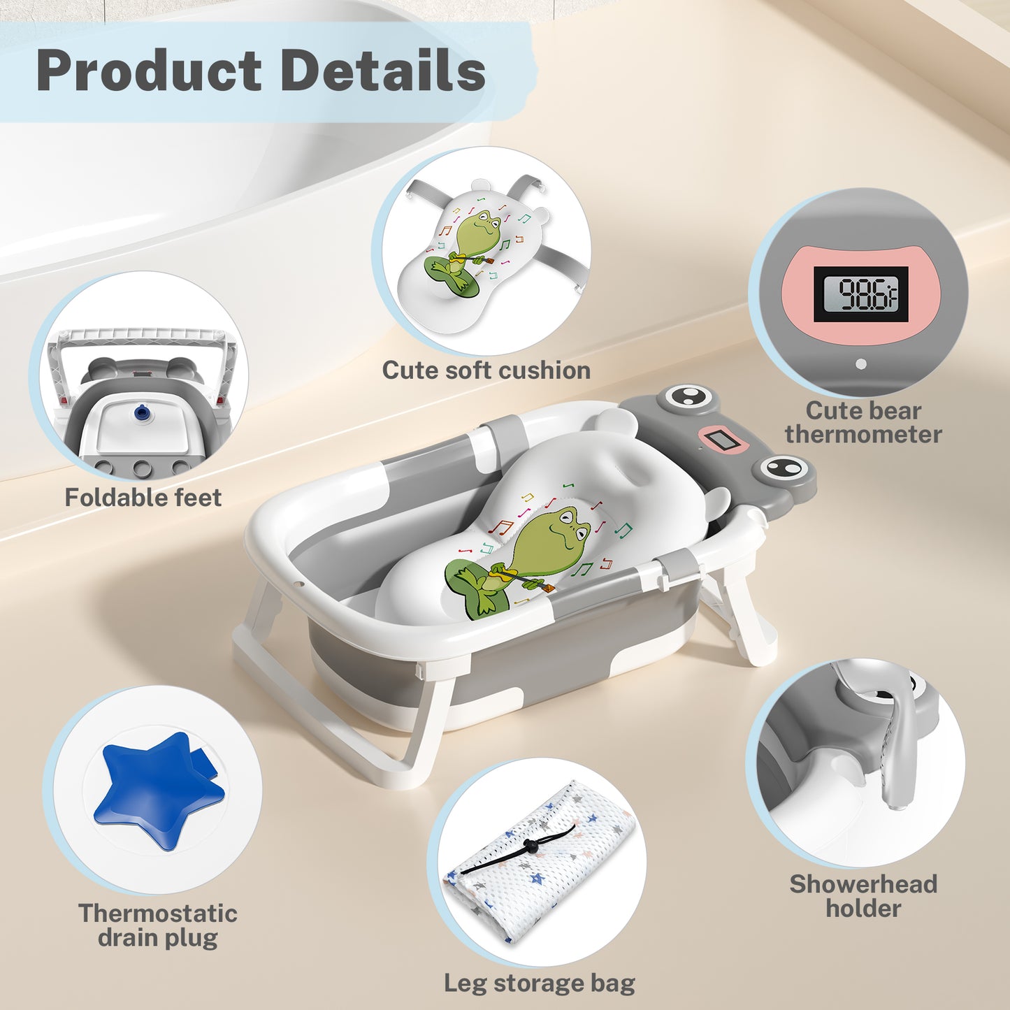 Collapsible Baby Bathtub for Infants, Bath Tub with Cushion and Thermometer, for Newborn to Toddler Portable Travel Multifunctional Bathing 0-2 years (Frog/Gray)