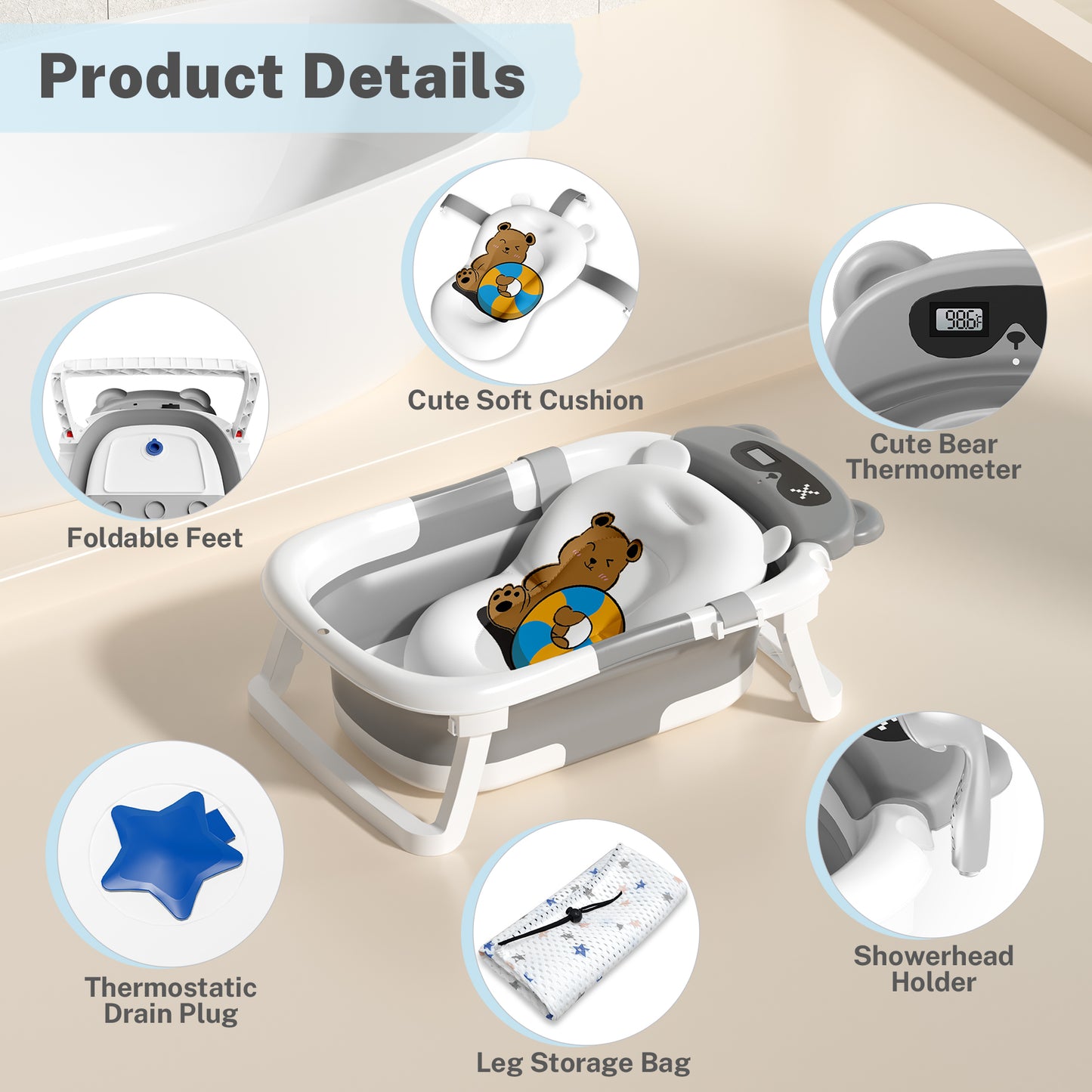 COOSEYA Bear Collapsible Baby Bathtub for Infants, Bath Tub with Cushion and Thermometer, for Newborn to Toddler Portable Travel Multifunctional Bathing 0-2 years (Gray)