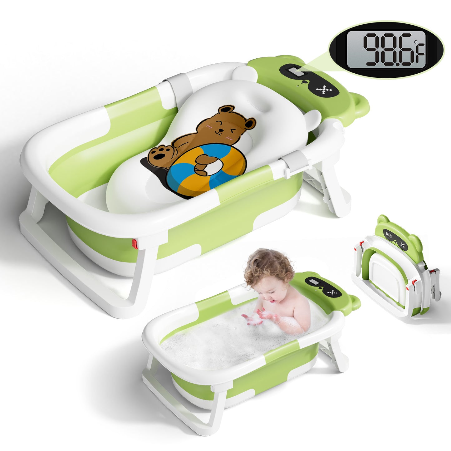 Collapsible Baby Bathtub for Infants, Bath Tub with Cushion and Thermometer, for Newborn to Toddler Portable Travel Multifunctional Bathing 0-2 years (Bear/Green)