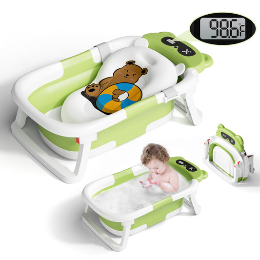 Collapsible Baby Bathtub for Infants, Bath Tub with Cushion and Thermometer, for Newborn to Toddler Portable Travel Multifunctional Bathing 0-2 years (Bear/Green)