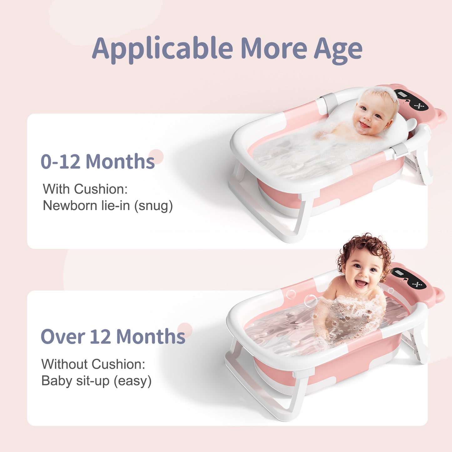 Collapsible Baby Bathtub for Infants, Bath Tub with Cushion and Thermometer, for Newborn to Toddler Portable Travel Multifunctional Bathing 0-2 years (Bear/Pink)