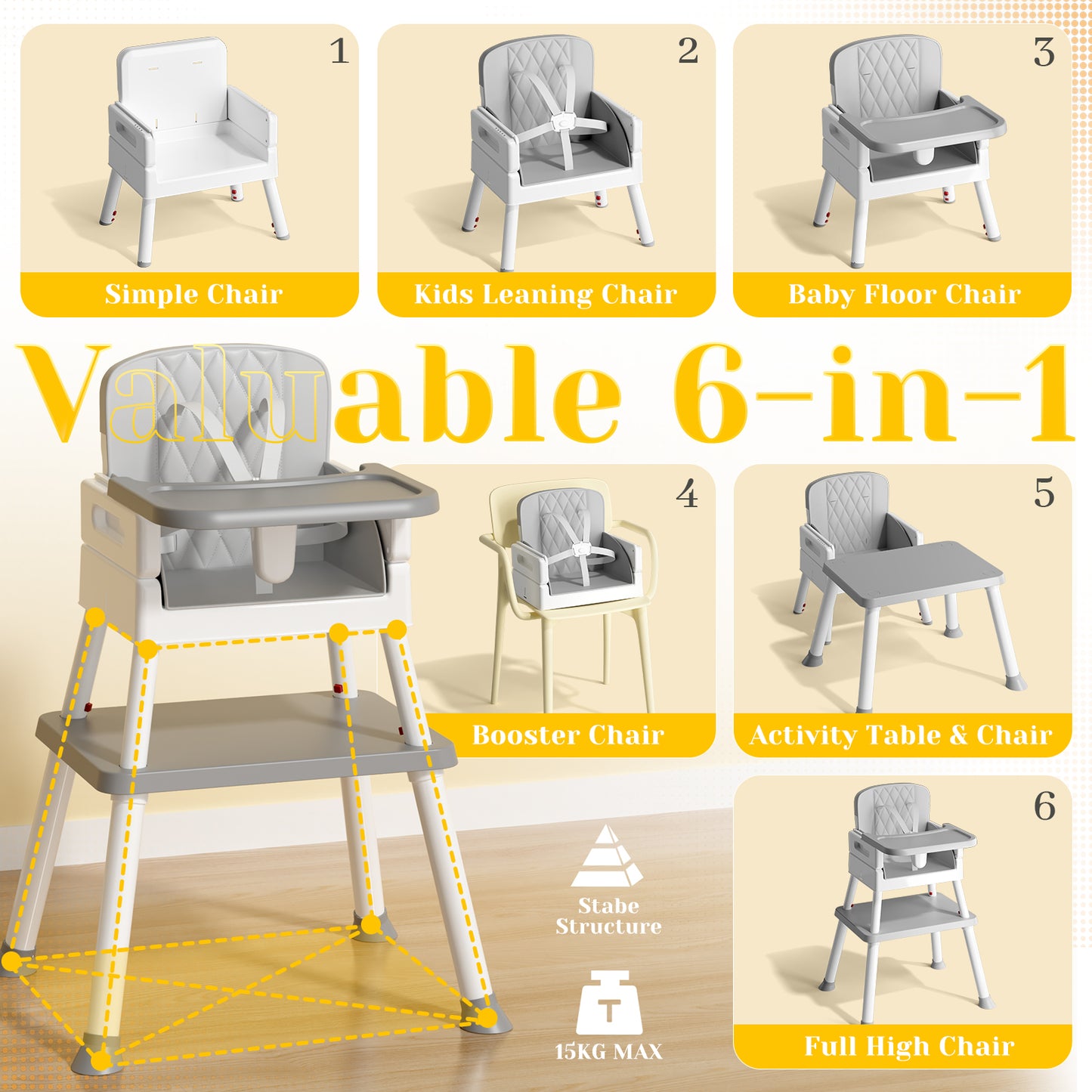 COOSEYA 6 in 1 Baby High Chair, Toddler Dining Booster Seat for Eating(Gray)