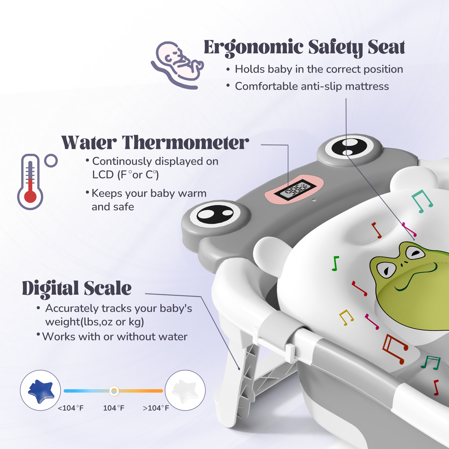 Collapsible Baby Bathtub for Infants, Bath Tub with Cushion and Thermometer, for Newborn to Toddler Portable Travel Multifunctional Bathing 0-2 years (Frog/Gray)