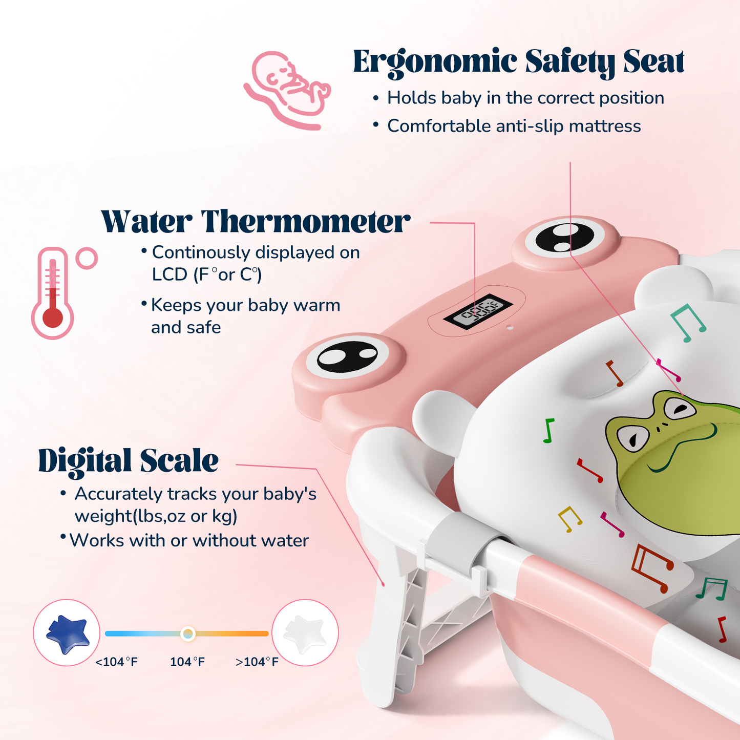 Collapsible Baby Bathtub for Infants, Bath Tub with Cushion and Thermometer, for Newborn to Toddler Portable Travel Multifunctional Bathing 0-2 years (Frog/Pink)