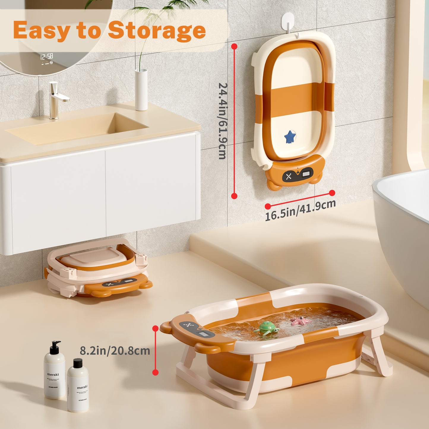 Collapsible Baby Bathtub for Infants, Bath Tub with Cushion and Thermometer, for Newborn to Toddler Portable Travel Multifunctional Bathing 0-2 years (Bear/Brown)