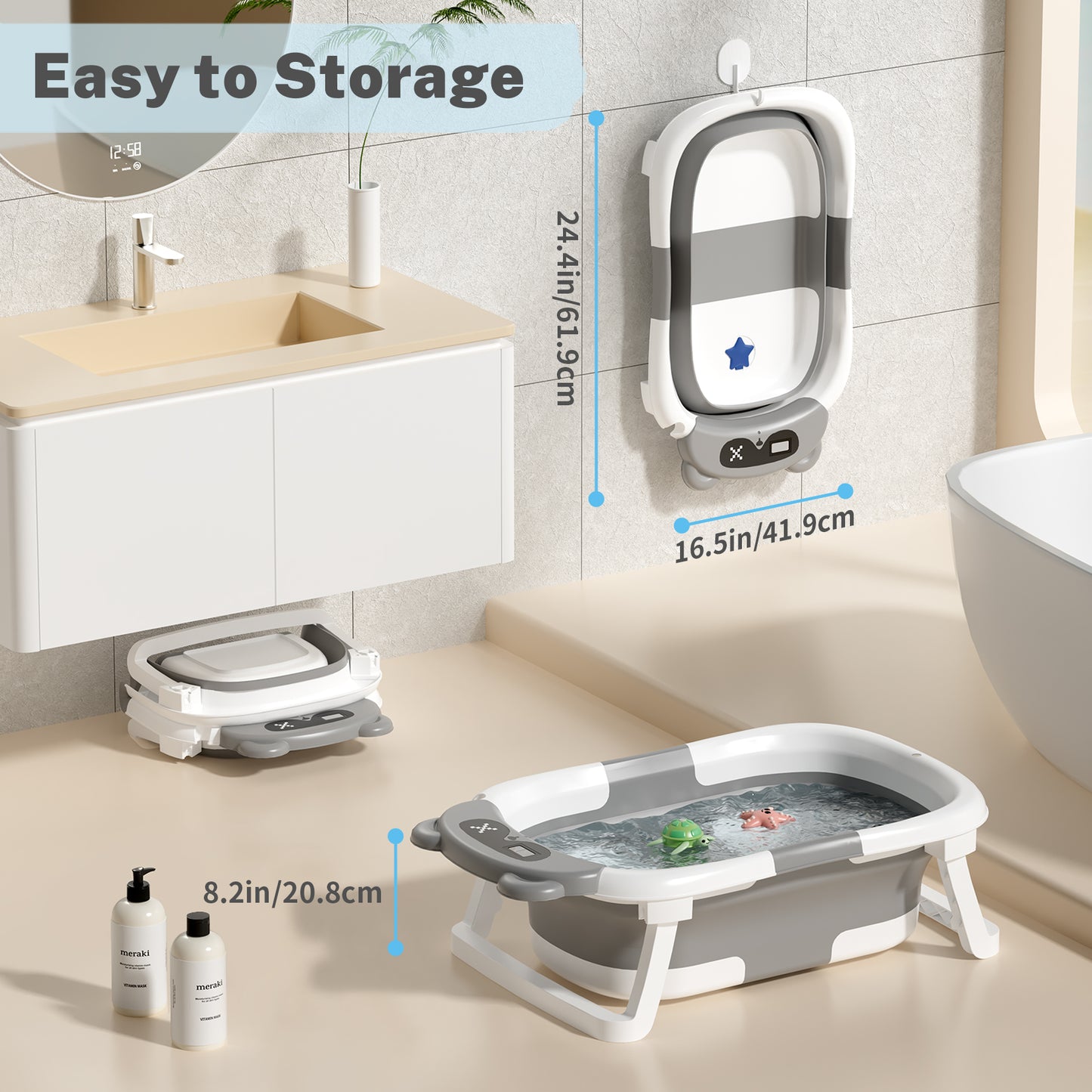 COOSEYA Bear Collapsible Baby Bathtub for Infants, Bath Tub with Cushion and Thermometer, for Newborn to Toddler Portable Travel Multifunctional Bathing 0-2 years (Gray)