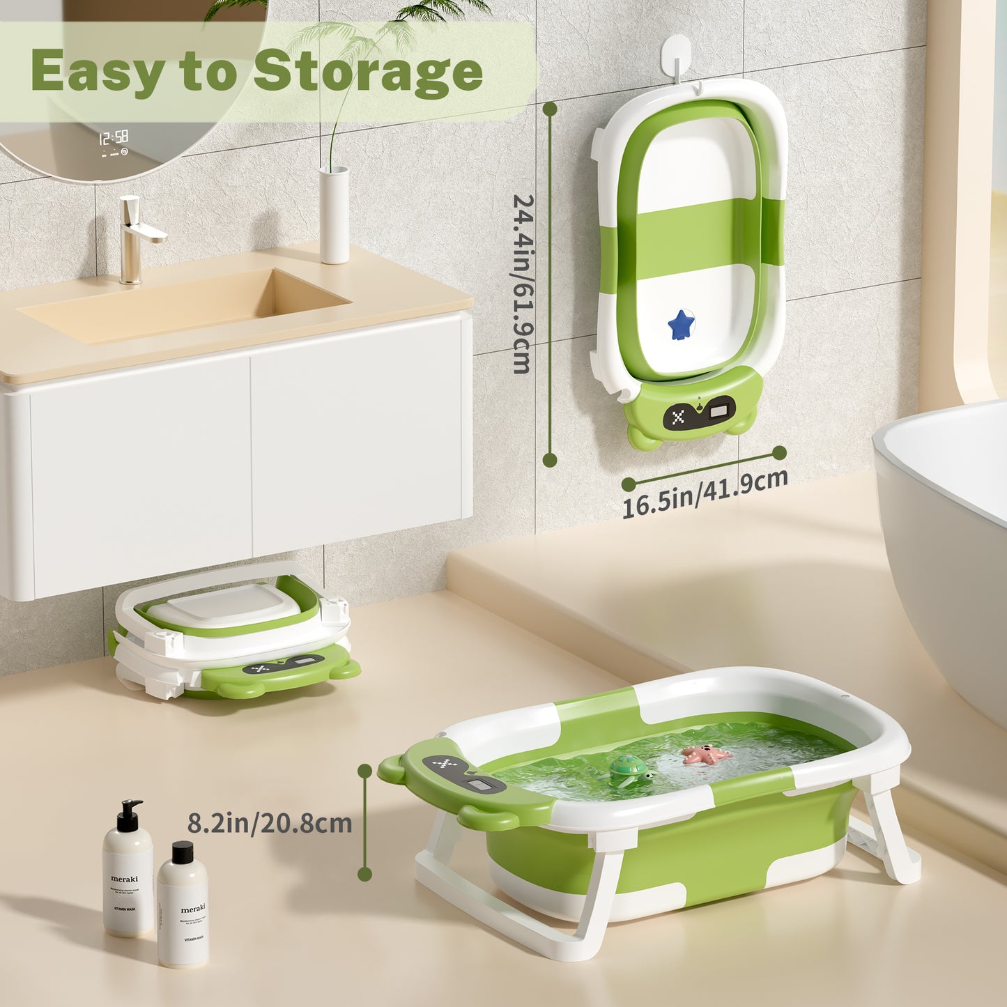 Collapsible Baby Bathtub for Infants, Bath Tub with Cushion and Thermometer, for Newborn to Toddler Portable Travel Multifunctional Bathing 0-2 years (Bear/Green)