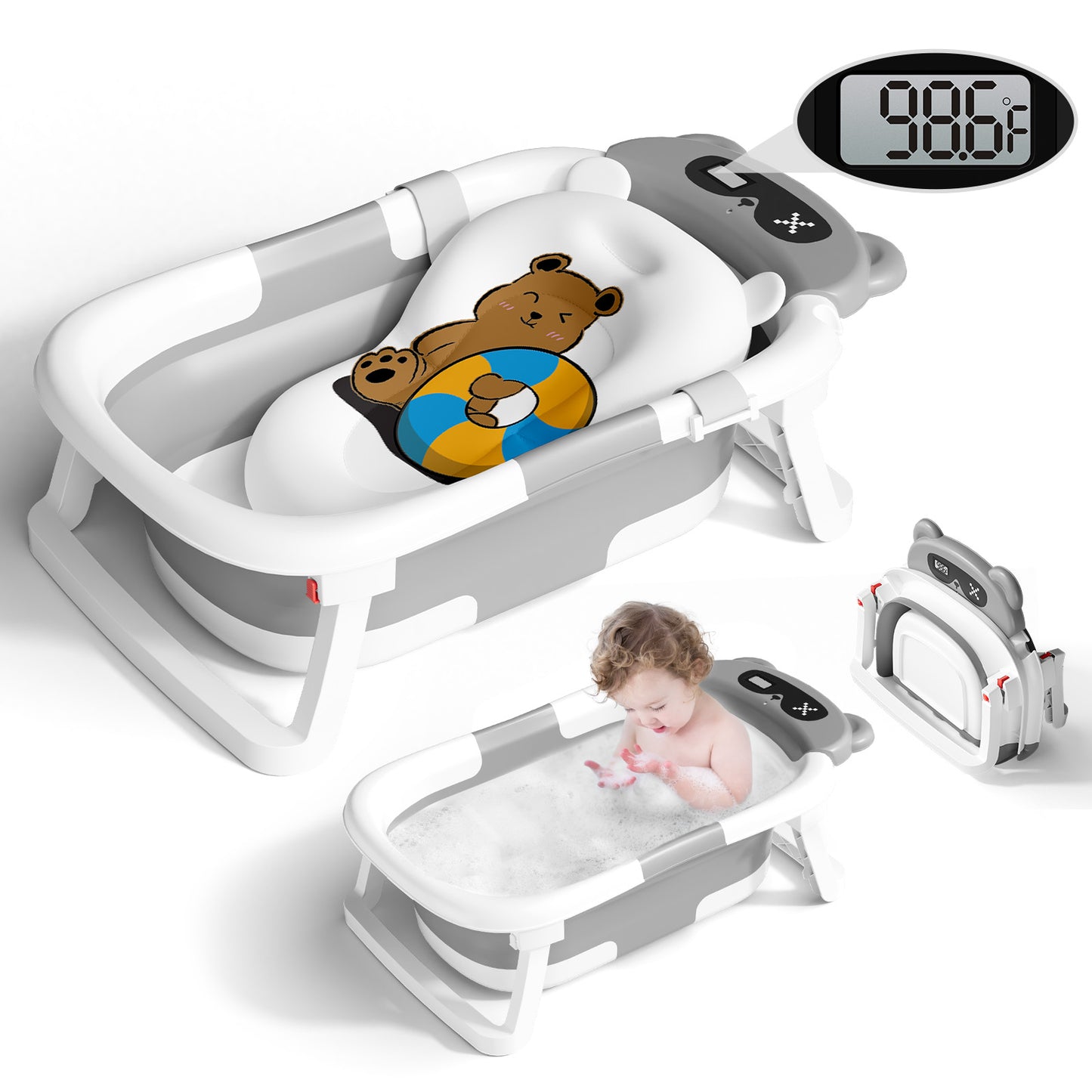 Collapsible Baby Bathtub for Infants, Bath Tub with Cushion and Thermometer, for Newborn to Toddler Portable Travel Multifunctional Bathing 0-2 years (Bear/Gray)