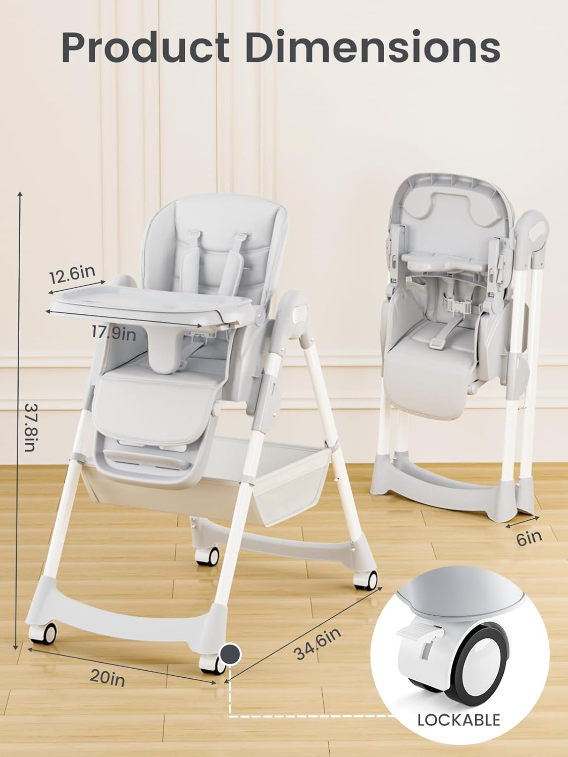 COOSEYA High Chair for Babies and Toddlers, Baby High Chair with Removable Tray, Adjustable Backrest, Footrest Height Settings, Space-Saving Design, Foldable（Gray）