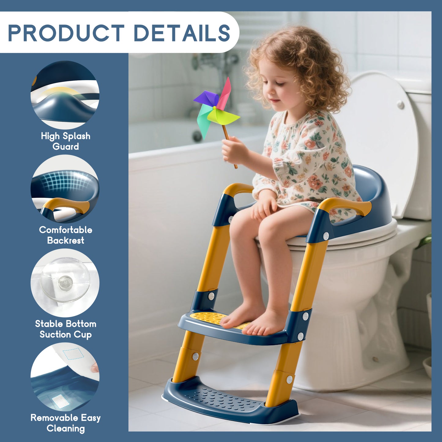 COOSEYA potty training seat, upgrade toddler toilet seat with triangle base structure for kids boys girls, 2 in 1 bathroom potty training, waterproof cushioned mat with anti-slip pad (Blue&Yellow)