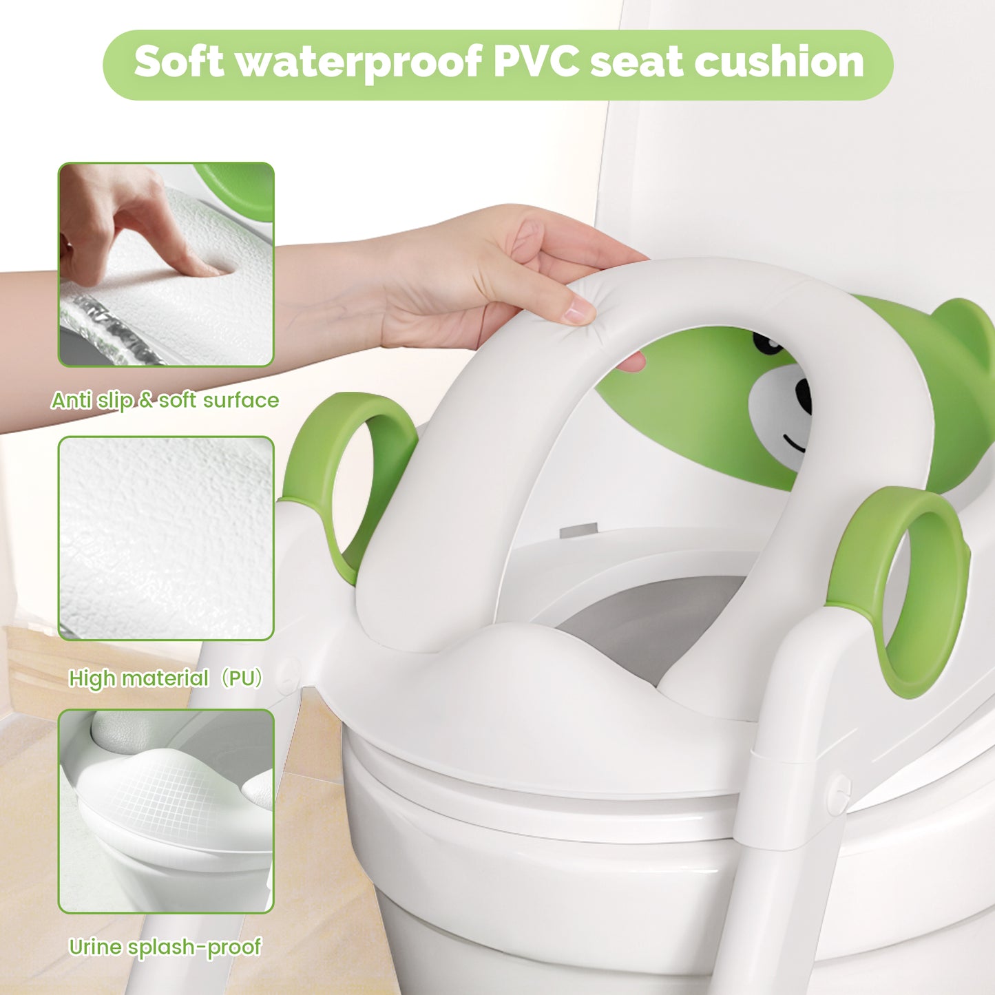 Bear potty training seat, upgrade toddler toilet seat with triangle base structure for kids boys girls, 2 in 1 bathroom potty training, waterproof cushioned mat with anti-slip pad (Grey)