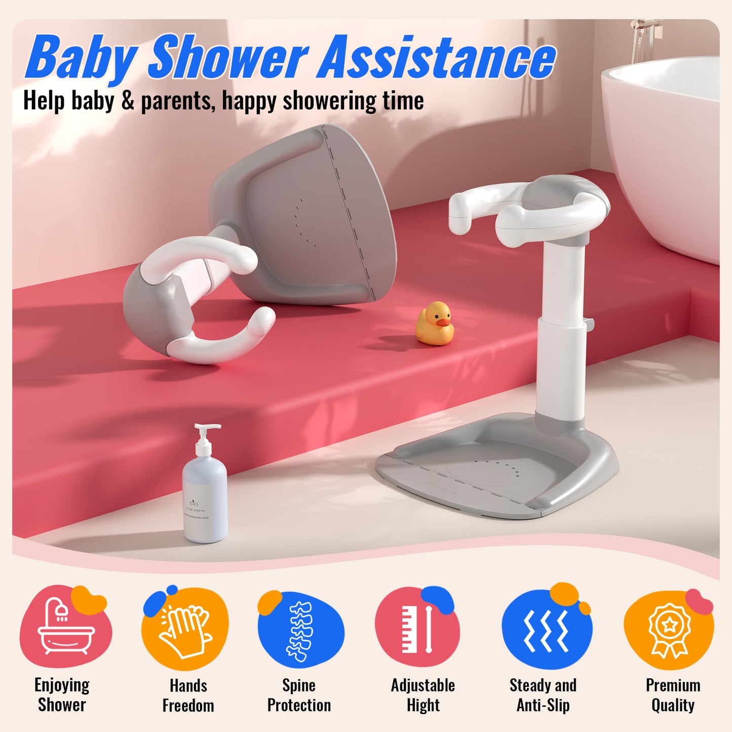 COOSEYABaby Shower Stand Support for Baby to Toddler, Adjustable Anti-Slip Shower Tower for Toddlers Changing Clothes, Applying Lotion by Standing up Themselves, Ideal Gift for Infants 8-36 months