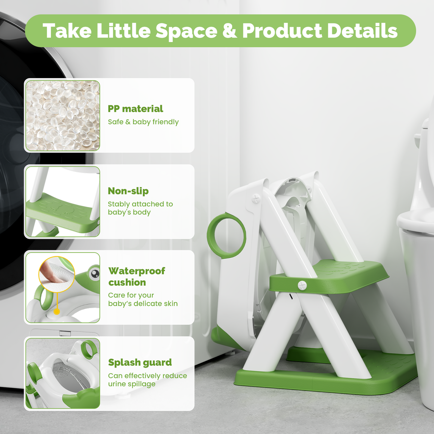 2 in 1 Potty Training Toilet with Step Stool for Toddlers,Baby Seat with Splash Guard and Anti-Slip Pad (Frog/Green)
