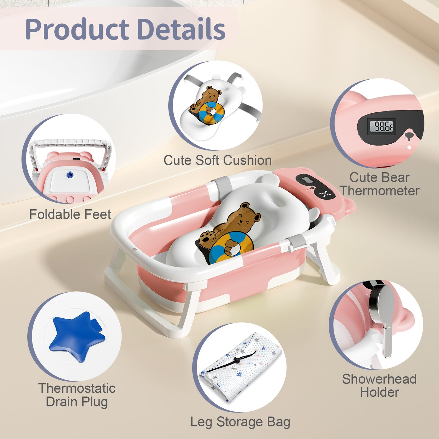 Collapsible Baby Bathtub for Infants, Bath Tub with Cushion and Thermometer, for Newborn to Toddler Portable Travel Multifunctional Bathing 0-2 years (Bear/Pink)
