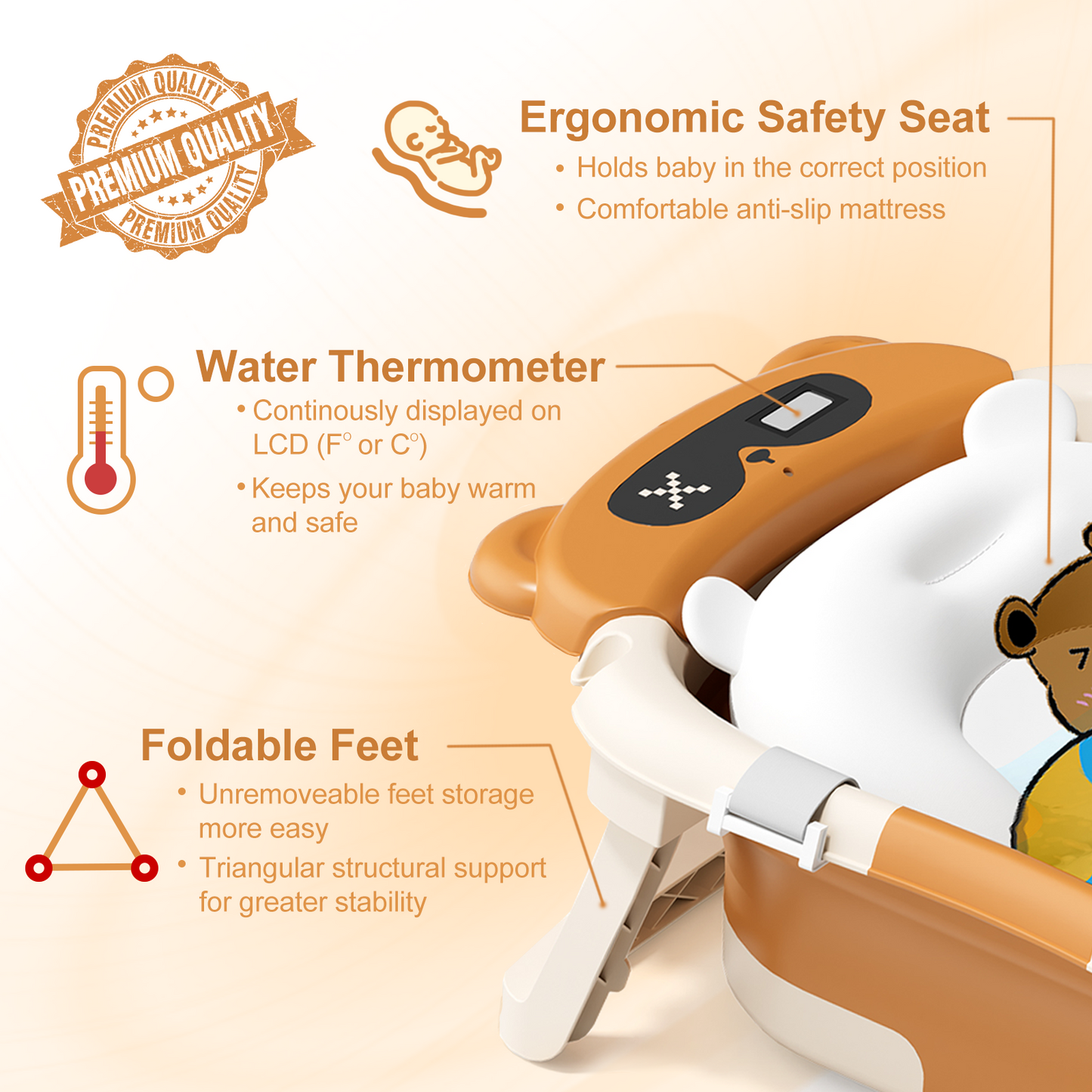 Collapsible Baby Bathtub for Infants, Bath Tub with Cushion and Thermometer, for Newborn to Toddler Portable Travel Multifunctional Bathing 0-2 years (Bear/Brown)