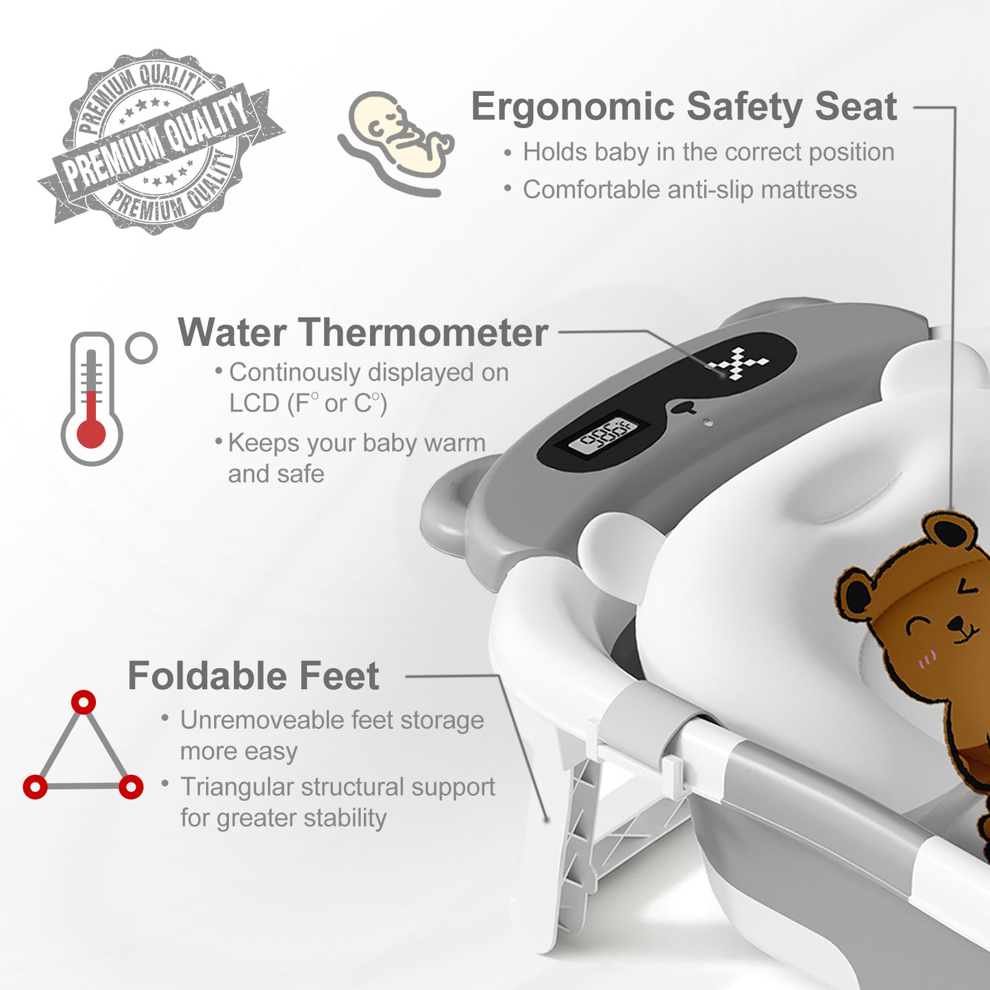COOSEYA Bear Collapsible Baby Bathtub for Infants, Bath Tub with Cushion and Thermometer, for Newborn to Toddler Portable Travel Multifunctional Bathing 0-2 years (Gray)