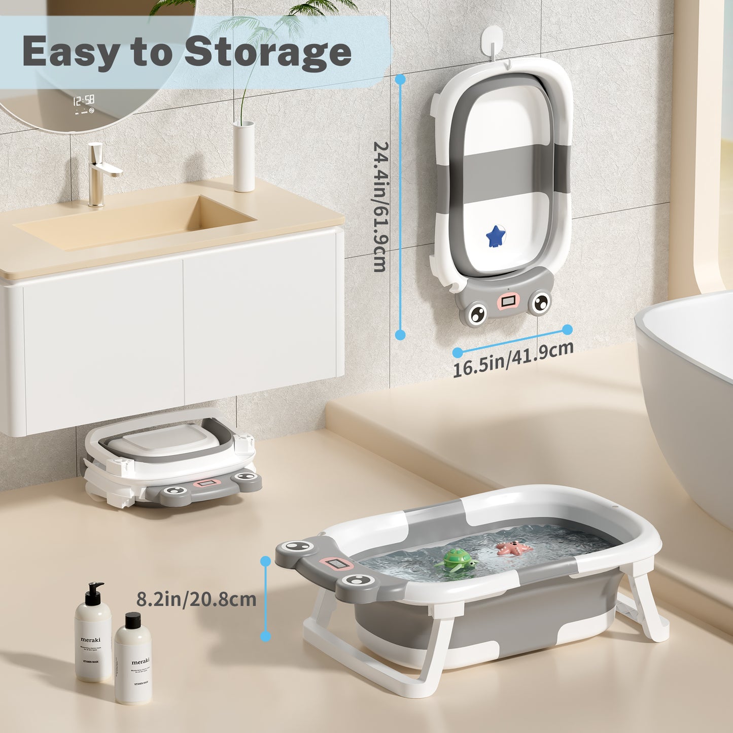 Collapsible Baby Bathtub for Infants, Bath Tub with Cushion and Thermometer, for Newborn to Toddler Portable Travel Multifunctional Bathing 0-2 years (Frog/Gray)