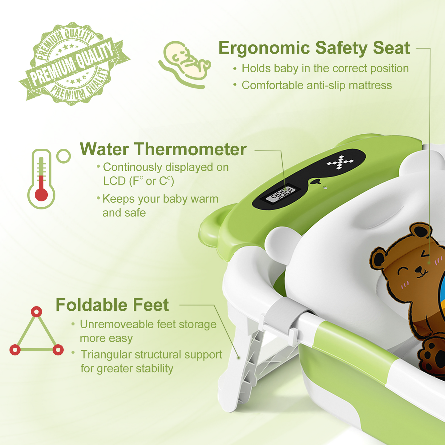 Collapsible Baby Bathtub for Infants, Bath Tub with Cushion and Thermometer, for Newborn to Toddler Portable Travel Multifunctional Bathing 0-2 years (Bear/Green)