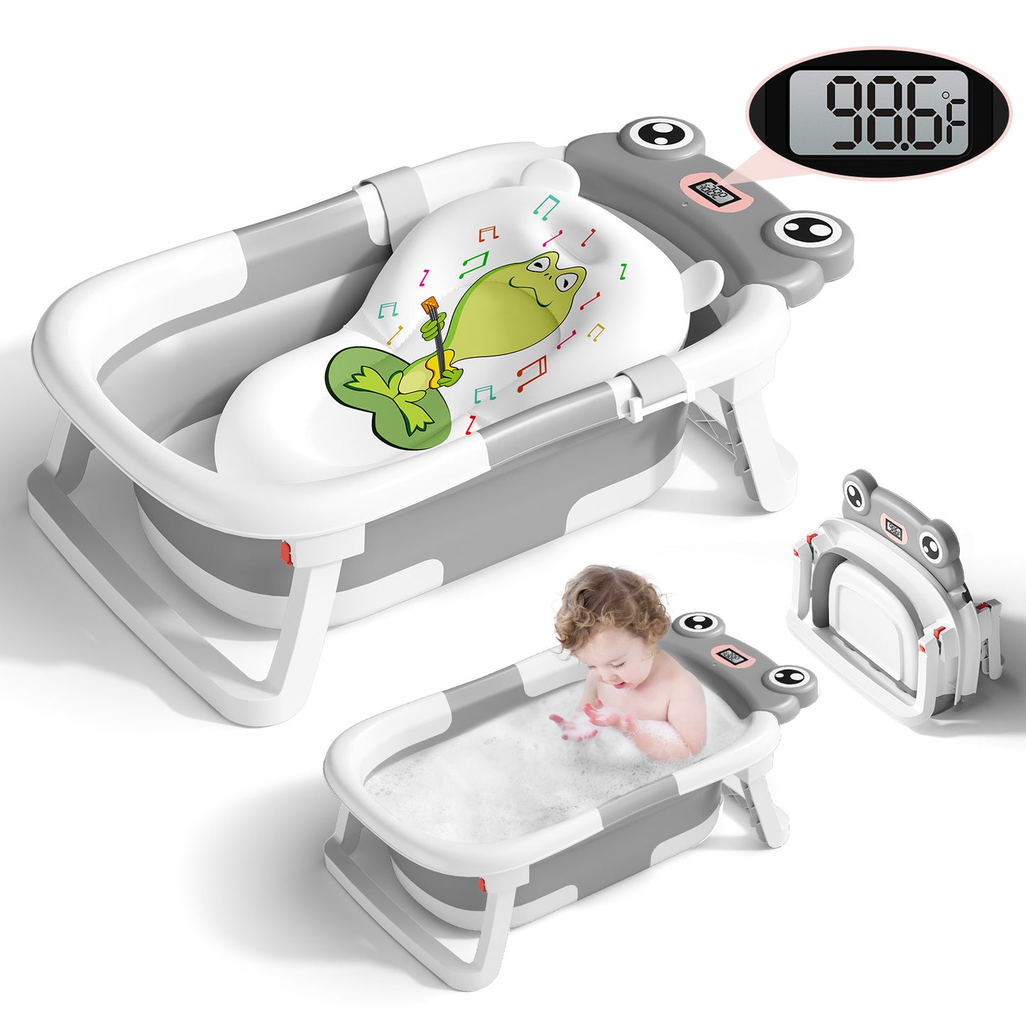 Collapsible Baby Bathtub for Infants, Bath Tub with Cushion and Thermometer, for Newborn to Toddler Portable Travel Multifunctional Bathing 0-2 years (Frog/Gray)