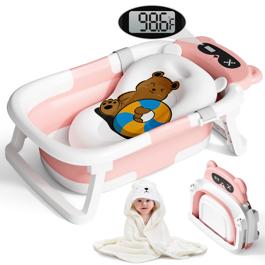 COOSEYA Bear Collapsible Baby Bathtub for Infants, Bath Tub with Cushion and Thermometer, for Newborn to Toddler Portable Travel Multifunctional Bathing 0-2 years (Pink)